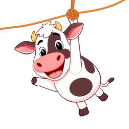 Create a cute cartoon image of a cow hanging from a rope in a playful and funny manner