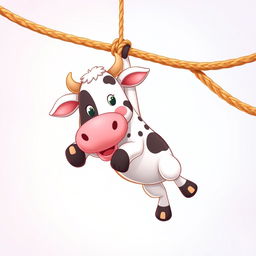 Create a cute cartoon image of a cow hanging from a rope in a playful and funny manner