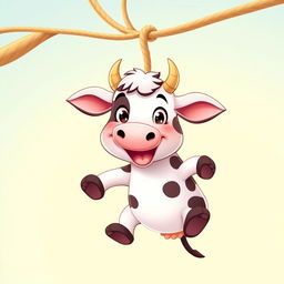 Create a cute cartoon image of a cow hanging from a rope in a playful and funny manner