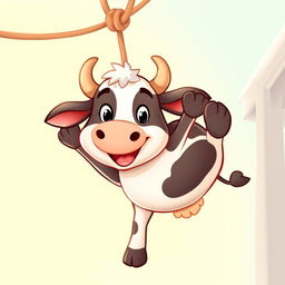 Create a cute cartoon image of a cow hanging from a rope in a playful and funny manner