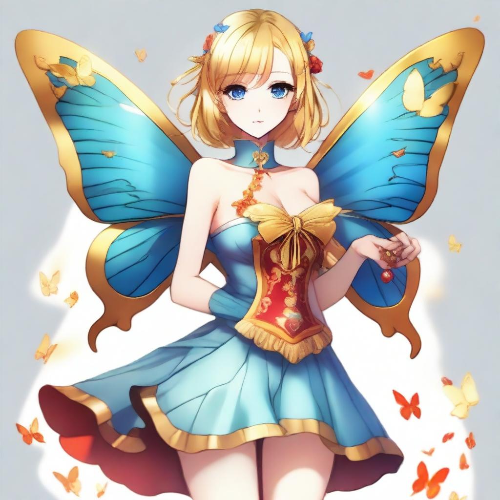 A slender tall anime woman with short blonde hair adorned with golden butterfly accessories, bright blue eyes with long lashes, and beautiful red lips