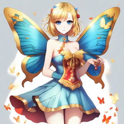 A slender tall anime woman with short blonde hair adorned with golden butterfly accessories, bright blue eyes with long lashes, and beautiful red lips