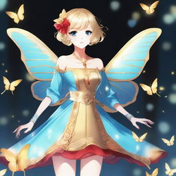 A slender tall anime woman with short blonde hair adorned with golden butterfly accessories, bright blue eyes with long lashes, and beautiful red lips