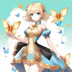 A slender tall anime woman with short blonde hair adorned with golden butterfly accessories, bright blue eyes with long lashes, and beautiful red lips