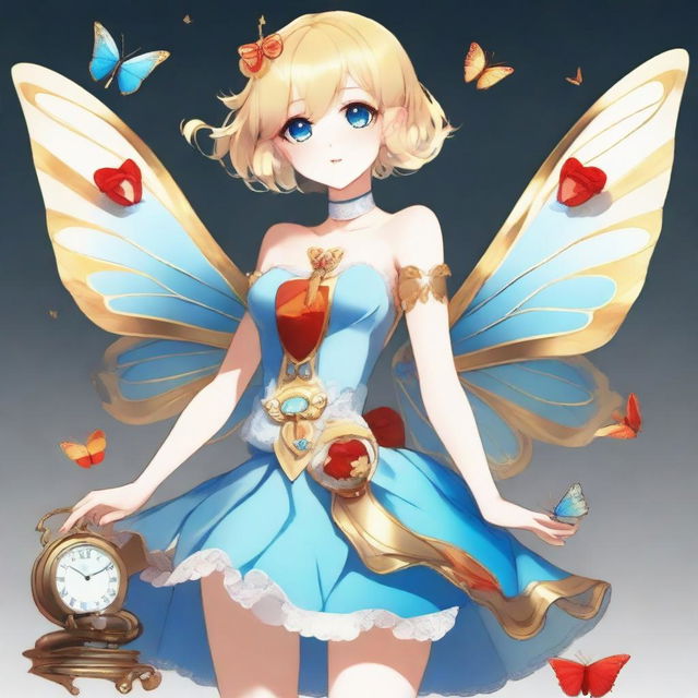 A slender tall anime woman with short blonde hair adorned with golden butterfly accessories, bright blue eyes with long lashes, and beautiful red lips