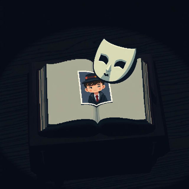 A pixel art image of an open diary on a dimly lit wooden table