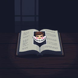 A pixel art image of an open diary on a dimly lit wooden table