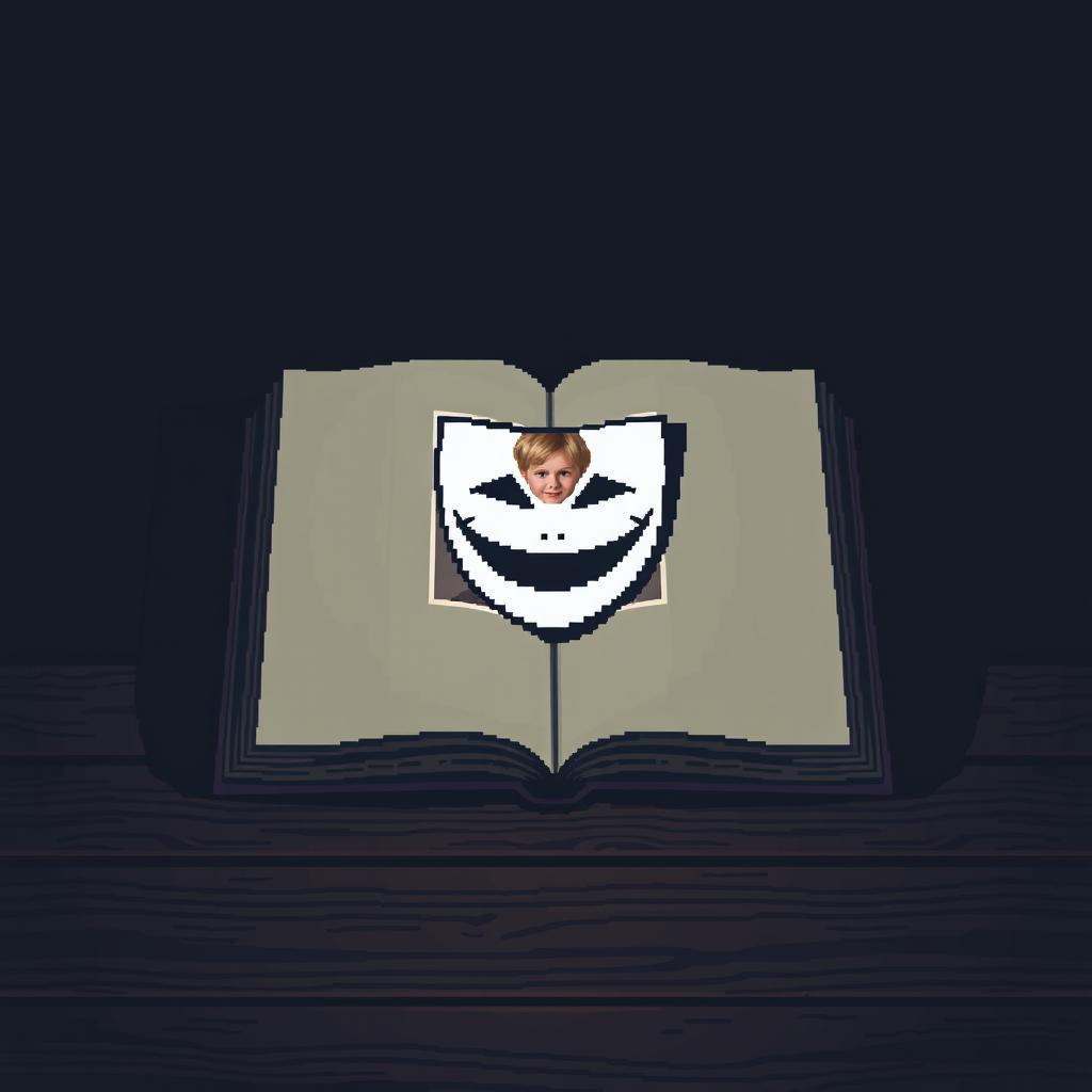 A pixel art image of an open diary on a dimly lit wooden table