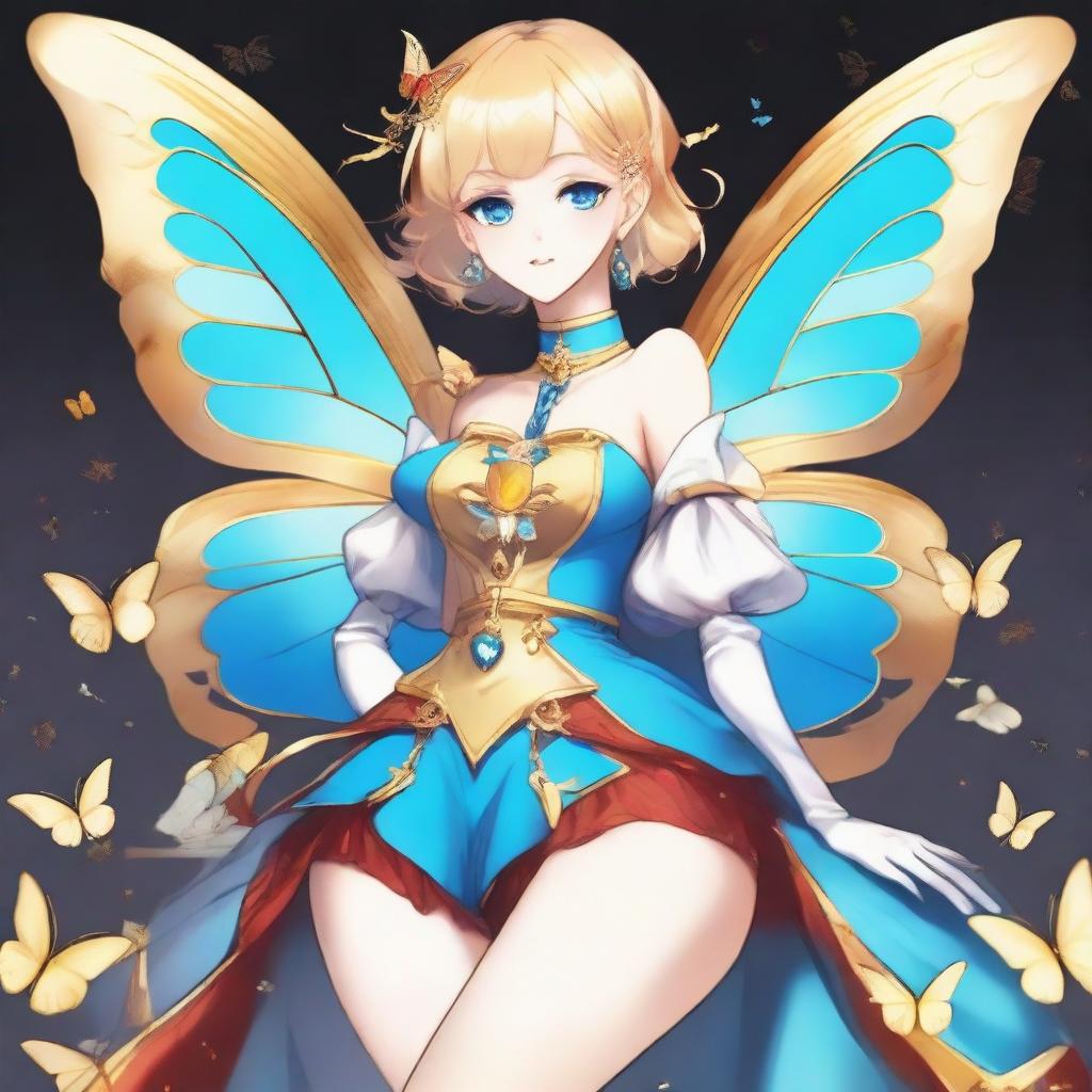 A slender tall anime woman with short blonde hair adorned with golden butterfly accessories, bright blue eyes with long lashes, and beautiful red lips