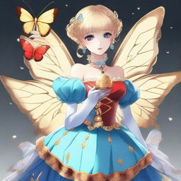 A slender tall anime woman with short blonde hair adorned with golden butterfly accessories, bright blue eyes with long lashes, and beautiful red lips