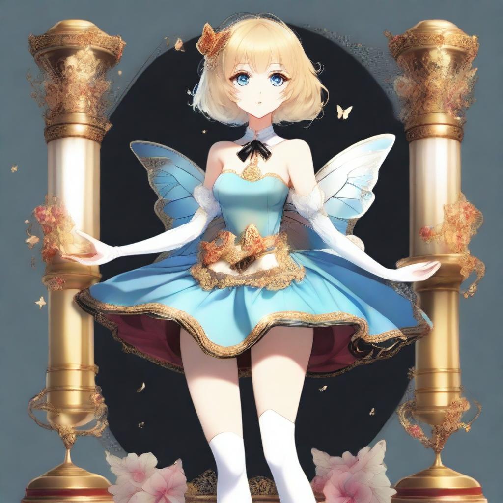 A slender tall anime woman with short blonde hair adorned with golden butterfly accessories, bright blue eyes with long lashes, and beautiful red lips