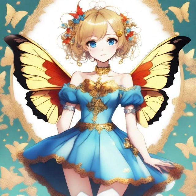 A slender tall anime woman with short blonde hair adorned with golden butterfly accessories, bright blue eyes with long lashes, and beautiful red lips