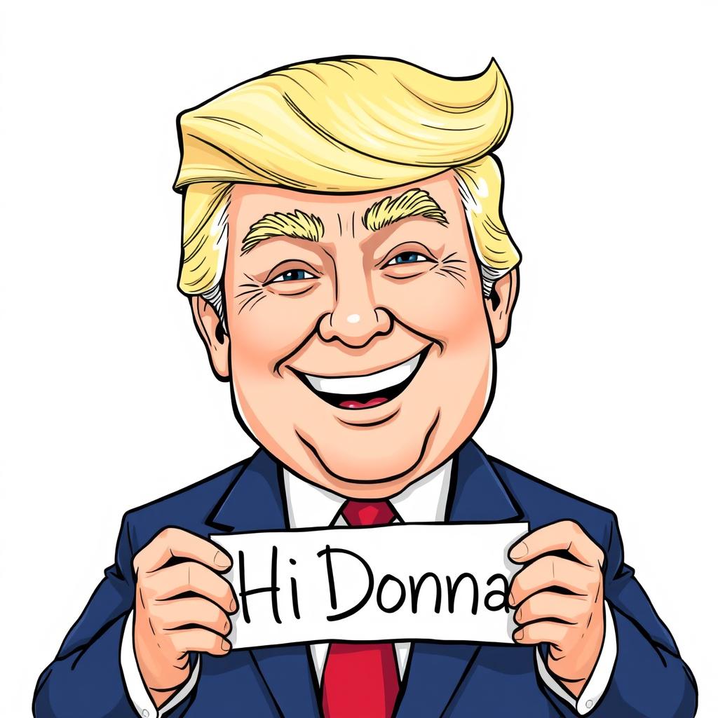 A detailed illustration of Donald Trump smiling warmly, holding a sign that reads 'Hi Donna'