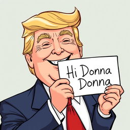 A detailed illustration of Donald Trump smiling warmly, holding a sign that reads 'Hi Donna'