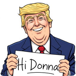 A detailed illustration of Donald Trump smiling warmly, holding a sign that reads 'Hi Donna'