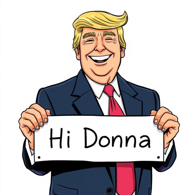 A detailed illustration of Donald Trump smiling warmly, holding a sign that reads 'Hi Donna'