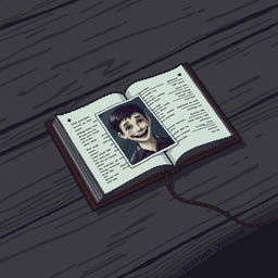 A pixel art image of an open diary lying on a wooden table