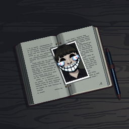 A pixel art image of an open diary lying on a wooden table