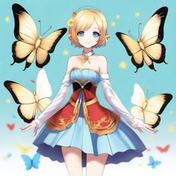 A slender tall anime woman with short blonde hair adorned with golden butterfly accessories, bright blue eyes with long lashes, and beautiful red lips