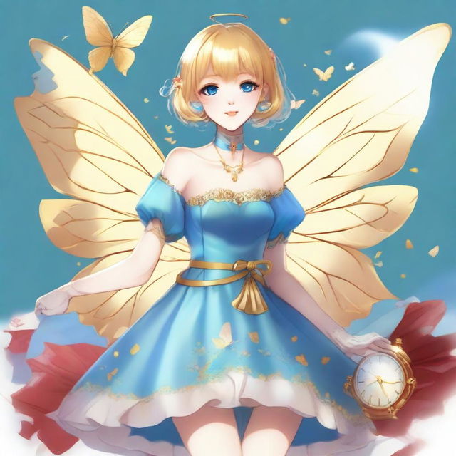 A slender tall anime woman with short blonde hair adorned with golden butterfly accessories, bright blue eyes with long lashes, and beautiful red lips