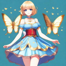 A slender tall anime woman with short blonde hair adorned with golden butterfly accessories, bright blue eyes with long lashes, and beautiful red lips