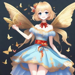 A slender tall anime woman with short blonde hair adorned with golden butterfly accessories, bright blue eyes with long lashes, and beautiful red lips