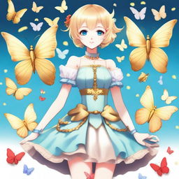 A slender tall anime woman with short blonde hair adorned with golden butterfly accessories, bright blue eyes with long lashes, and beautiful red lips