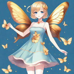 A slender tall anime woman with short blonde hair adorned with golden butterfly accessories, bright blue eyes with long lashes, and beautiful red lips