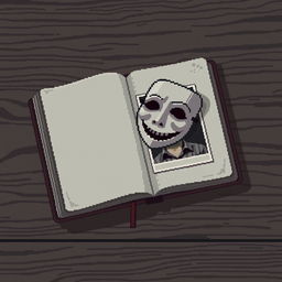 A pixel art image of an open diary lying on a wooden table