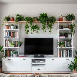 A cozy living room setup featuring shelves around a TV