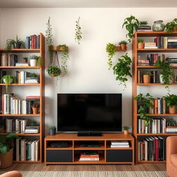 A cozy living room setup featuring shelves around a TV