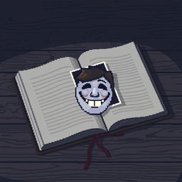 A pixel art image of an open diary lying on a wooden table