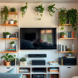 A cozy living room setup featuring shelves around a TV