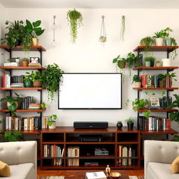 A cozy living room setup featuring shelves around a TV