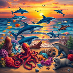 Create a vibrant sunset beach scene featuring a variety of sea animals including fish, dolphins, whales, squids, octopuses, sharks, and seals