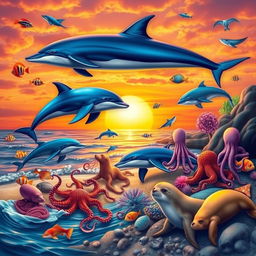 Create a vibrant sunset beach scene featuring a variety of sea animals including fish, dolphins, whales, squids, octopuses, sharks, and seals