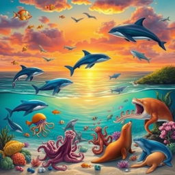 Create a vibrant sunset beach scene featuring a variety of sea animals including fish, dolphins, whales, squids, octopuses, sharks, and seals