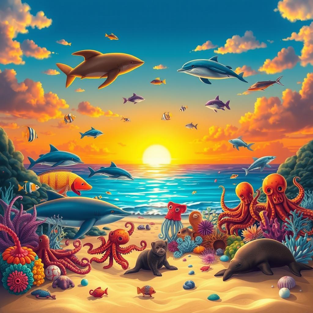 Create a vibrant sunset beach scene featuring a variety of sea animals including fish, dolphins, whales, squids, octopuses, sharks, and seals