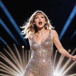 An artistic, abstract representation of pop star Taylor Swift performing on a glittering stage under bright lights.