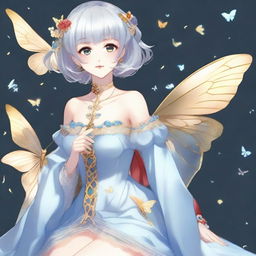 A fair-skinned slender tall anime woman with short silver hair adorned with gold butterfly clips and front bangs, and gold butterfly earrings