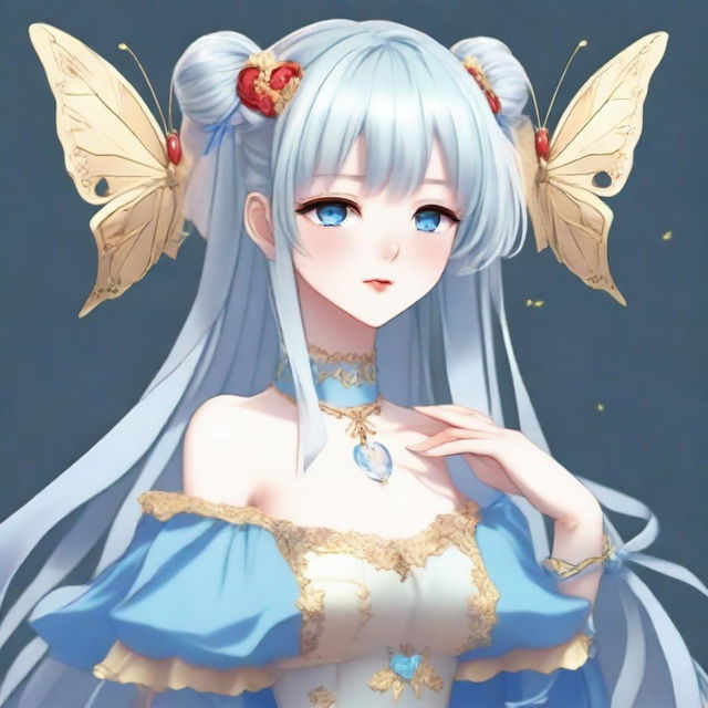 A fair-skinned slender tall anime woman with short silver hair adorned with gold butterfly clips and front bangs, and gold butterfly earrings