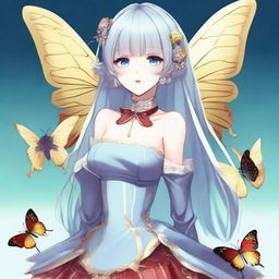 A fair-skinned slender tall anime woman with short silver hair adorned with gold butterfly clips and front bangs, and gold butterfly earrings