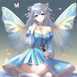 A fair-skinned slender tall anime woman with short silver hair adorned with gold butterfly clips and front bangs, and gold butterfly earrings