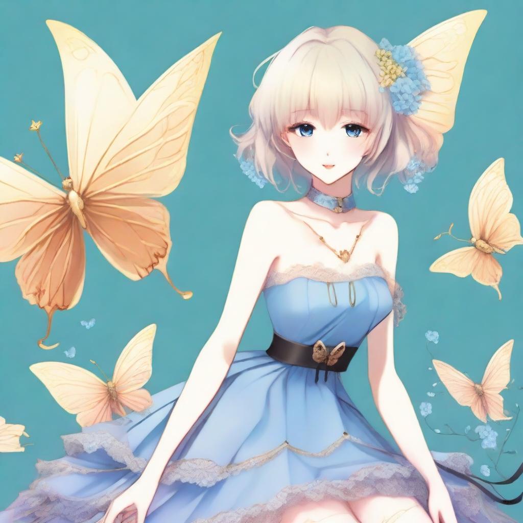 A fair-skinned slender tall anime woman with short blonde silver hair adorned with gold butterfly clips and front bangs, and gold butterfly earrings