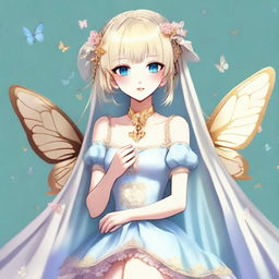 A fair-skinned slender tall anime woman with short blonde silver hair adorned with gold butterfly clips and front bangs, and gold butterfly earrings