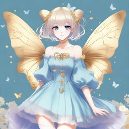 A fair-skinned slender tall anime woman with short blonde silver hair adorned with gold butterfly clips and front bangs, and gold butterfly earrings