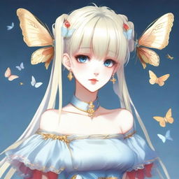 A fair-skinned slender tall anime woman with short blonde silver hair adorned with gold butterfly clips and front bangs, and gold butterfly earrings