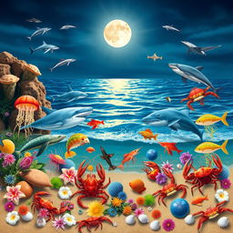 Create a lively and colorful beach scene under a full moon, featuring a variety of sea animals including sharks, seals, whales, dolphins, turtles, jellyfish, shrimp, lobsters, crabs, and various fish