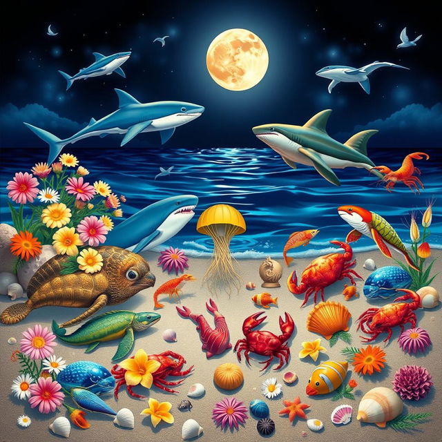 Create a lively and colorful beach scene under a full moon, featuring a variety of sea animals including sharks, seals, whales, dolphins, turtles, jellyfish, shrimp, lobsters, crabs, and various fish