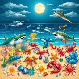 Create a lively and colorful beach scene under a full moon, featuring a variety of sea animals including sharks, seals, whales, dolphins, turtles, jellyfish, shrimp, lobsters, crabs, and various fish